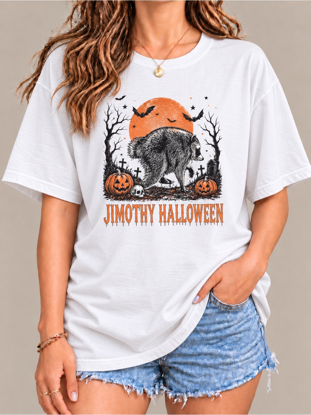 Jimothy Halloween Raccoon Pumpkin Spooky Aesthetic Womens Graphic Reprint Tee
